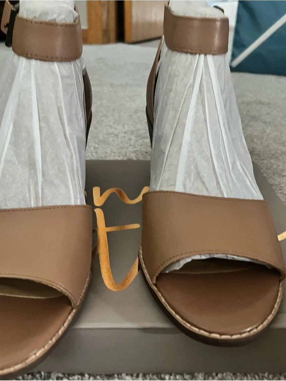 Women’s Tan Open-Toe Wedge Sandals- new in original packaging